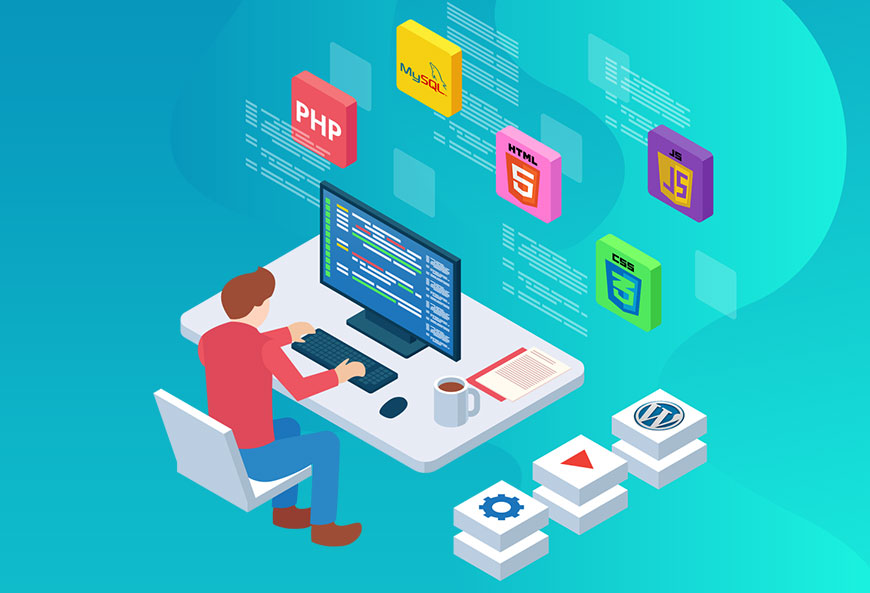 Isometric illustration of a developer coding, surrounded by PHP, MySQL, HTML, and JavaScript icons.